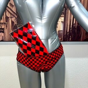 Bow tie strappy back checkered pattern panty & over the knee socks checkered